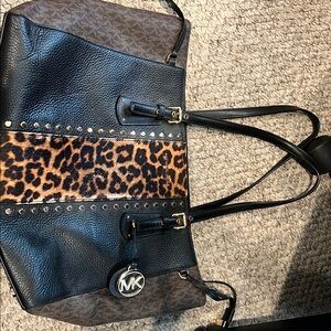Michael Kors Black and Brown Tote with Leopard Print